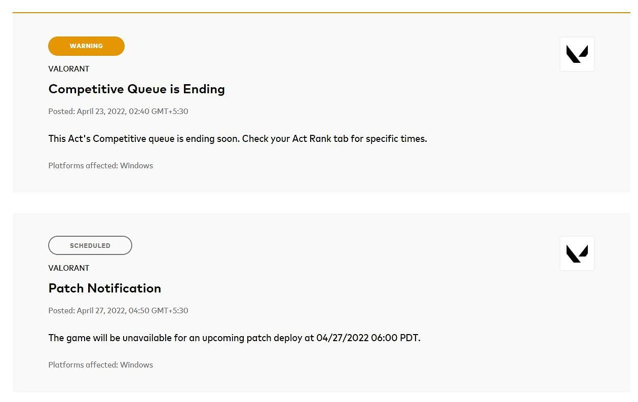 The notification about the server going down (Image via Valorant Service Status)