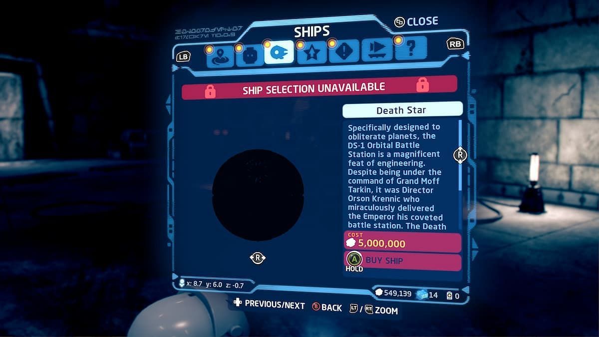 A look at the Death Star before it is unlocked on the Starship page (Image via TT Games)