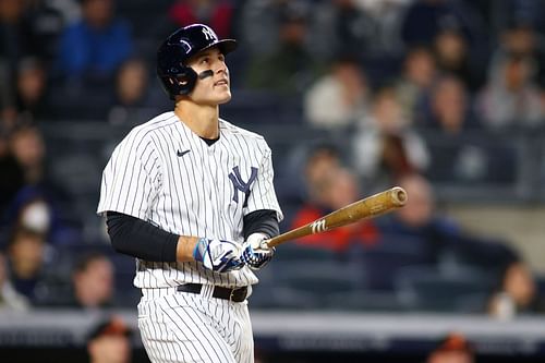 Rizzo belted three home runs in the contest between the Baltimore Orioles v New York Yankees at Yankee Stadium, Bronx, New York