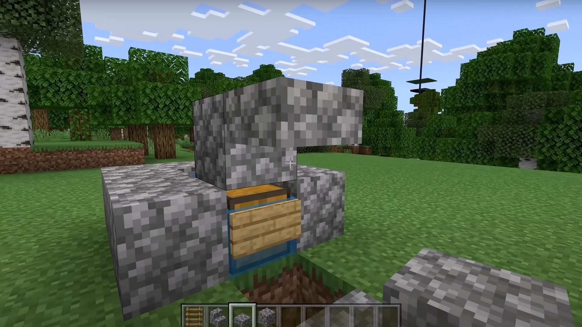 Players should add a cobblestone block and a slab to the front of the farm (Image via JC Playz/YouTube)