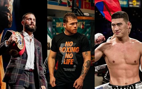 [L-R] Caleb Plant, Canelo Alvarez and Dmitry Bivol