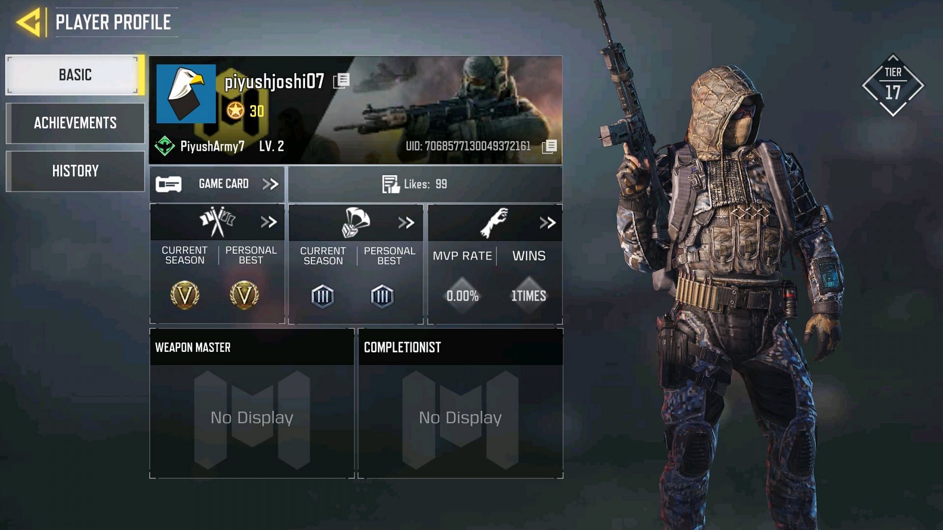 This is the COD Mobile ID of Piyush Joshi (Image via Activision)