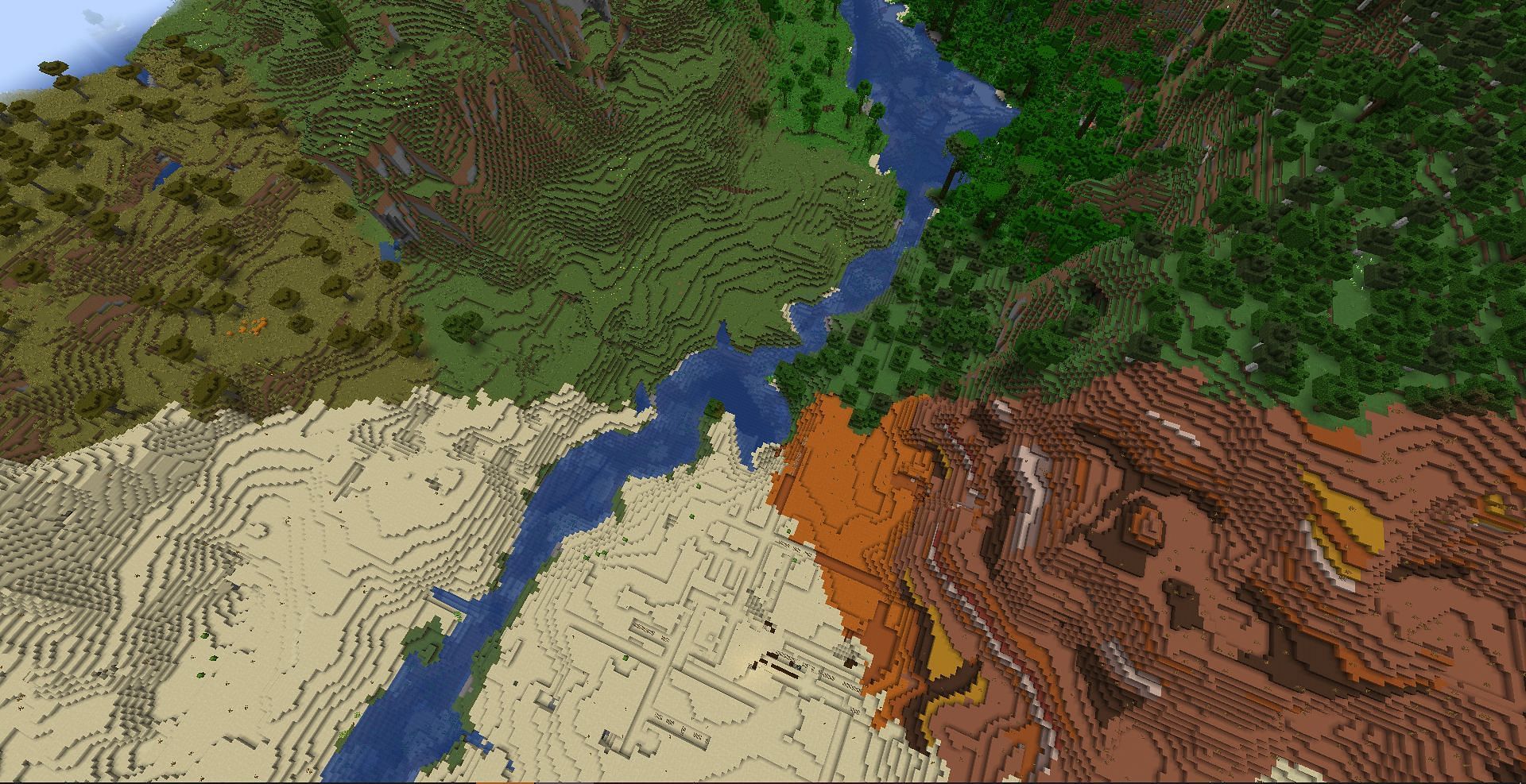 Players will spawn near the middle of four different biomes in this seed (Image via Reddit/LordFyreWall)