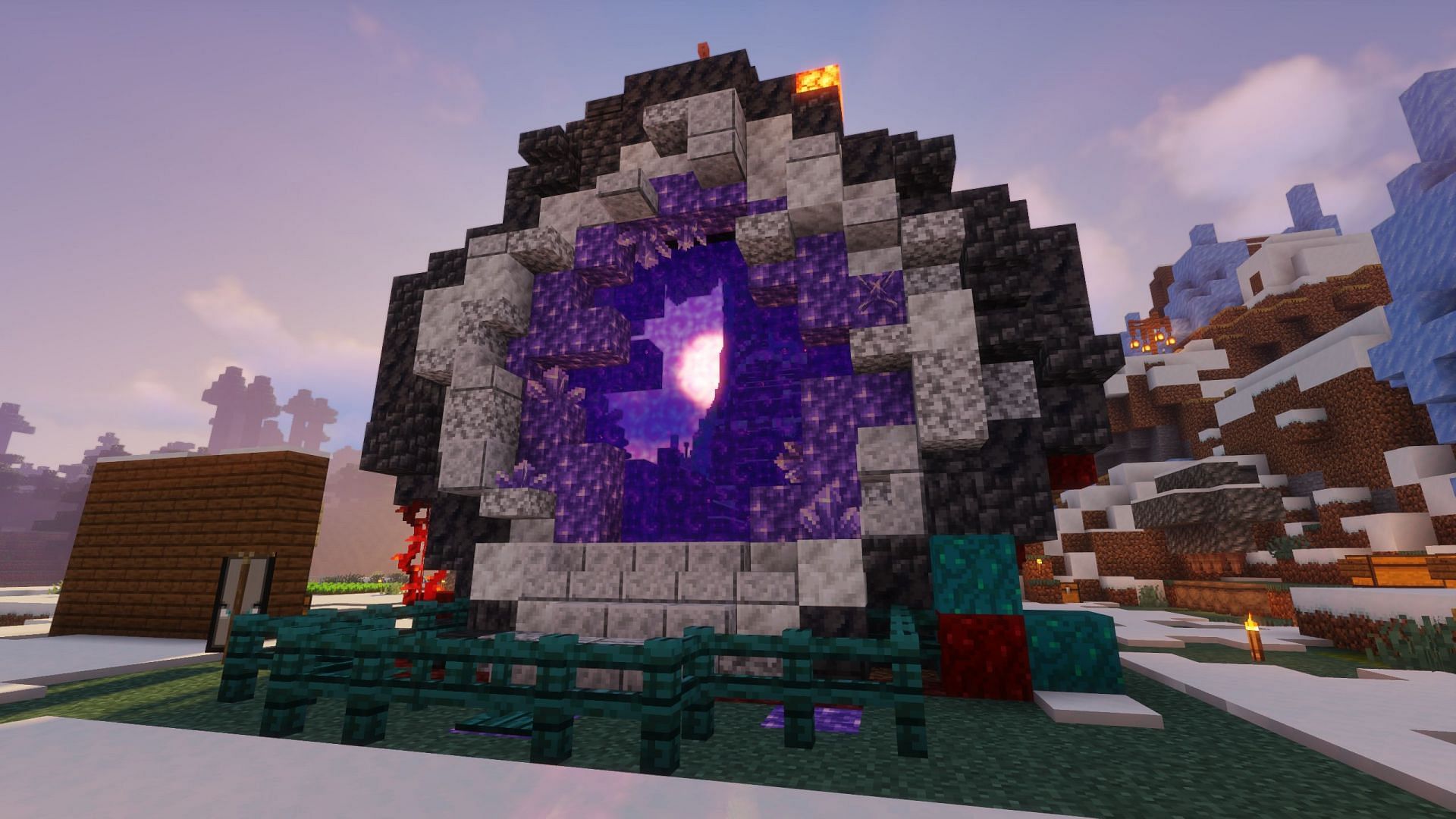 A geode-styled Nether portal decorated with amethyst blocks (Image via u/AwkwardOxfordComma/Reddit)