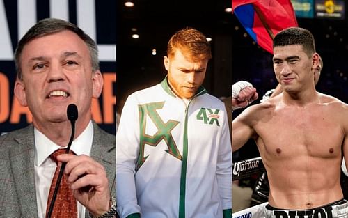 [L-R] Teddy Atlas, Canelo Alvarez and Dmitry Bivol