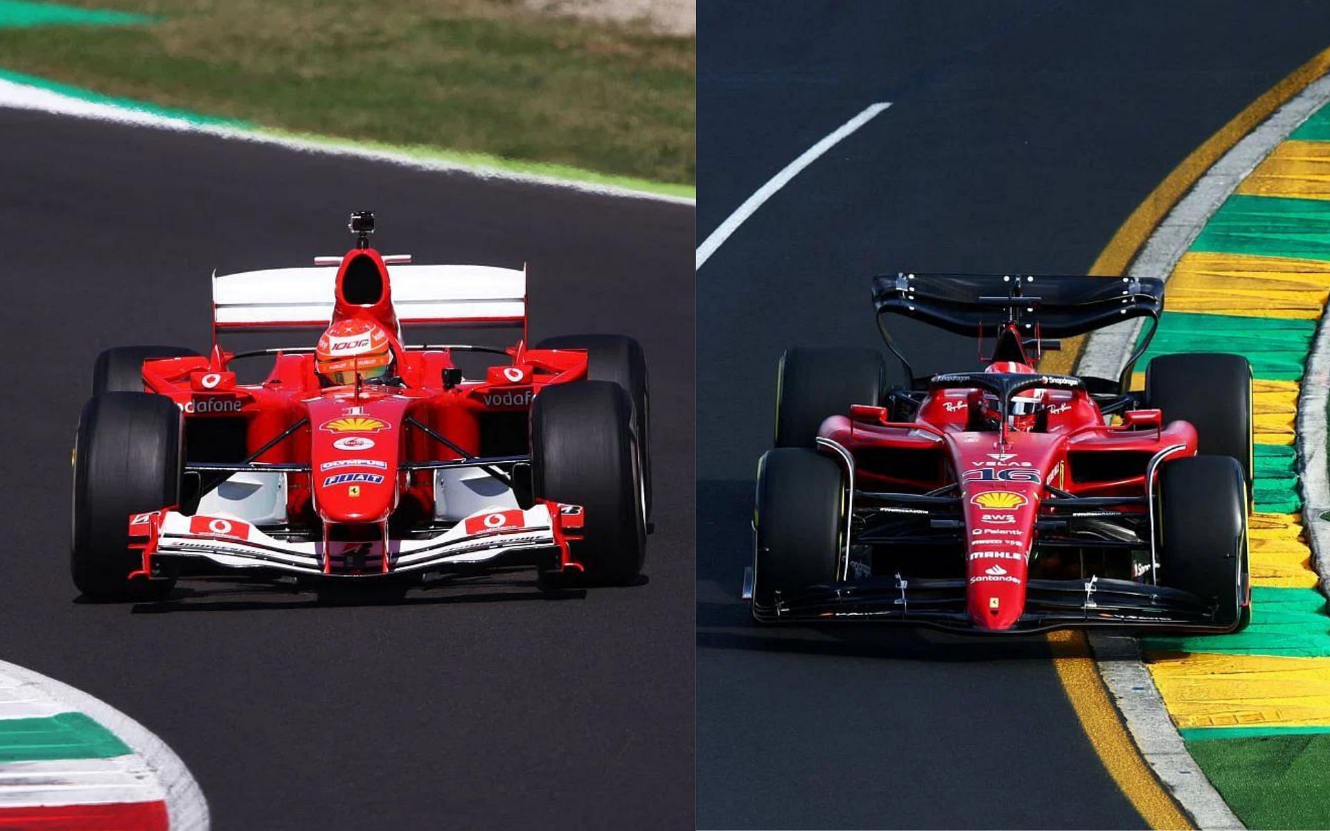 Mick Schumacher (#1) F2004 (left); Charles Leclerc (#16) F1-75 (right)
