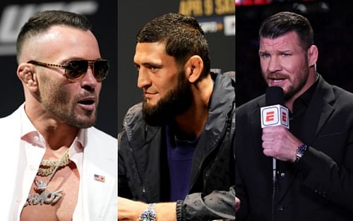 Colby Covington (left); Khamzat Chimaev (center); Michael Bisping (right)