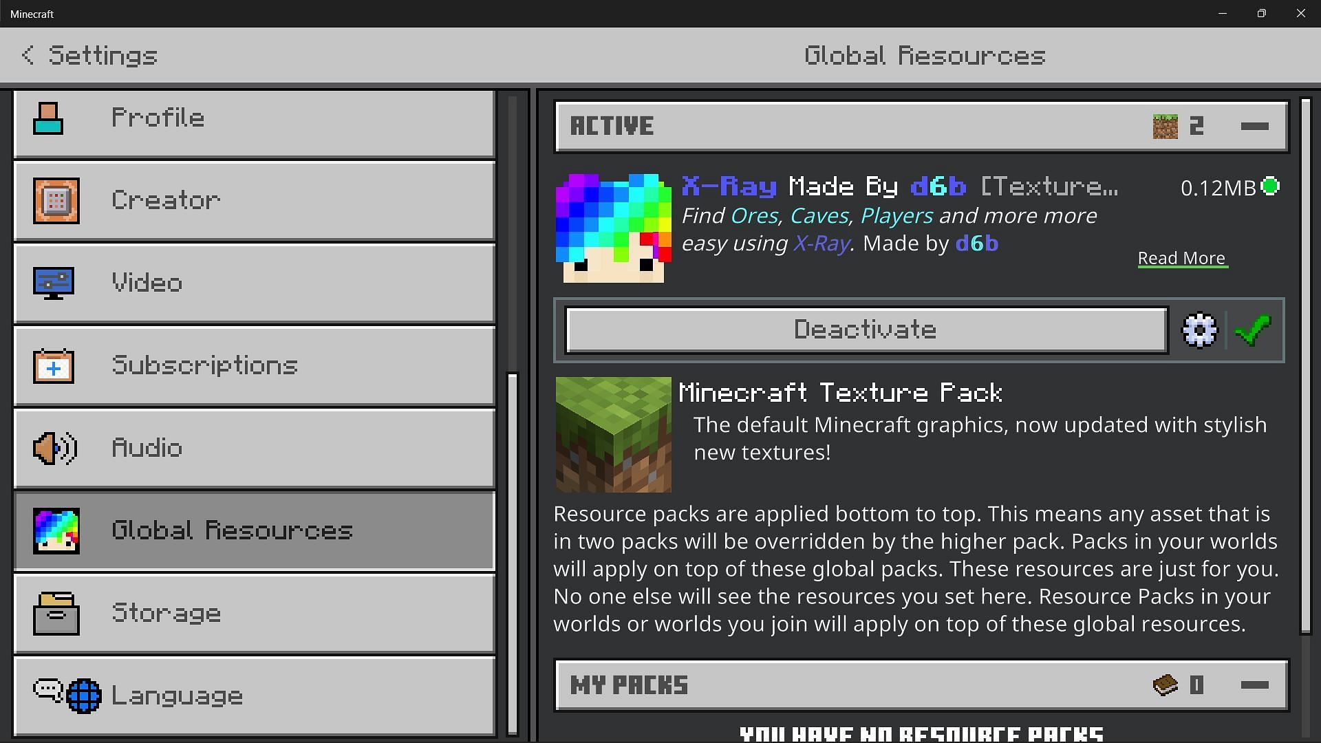 Texture pack present in the global resources settings (Image via Minecraft Bedrock Edition)