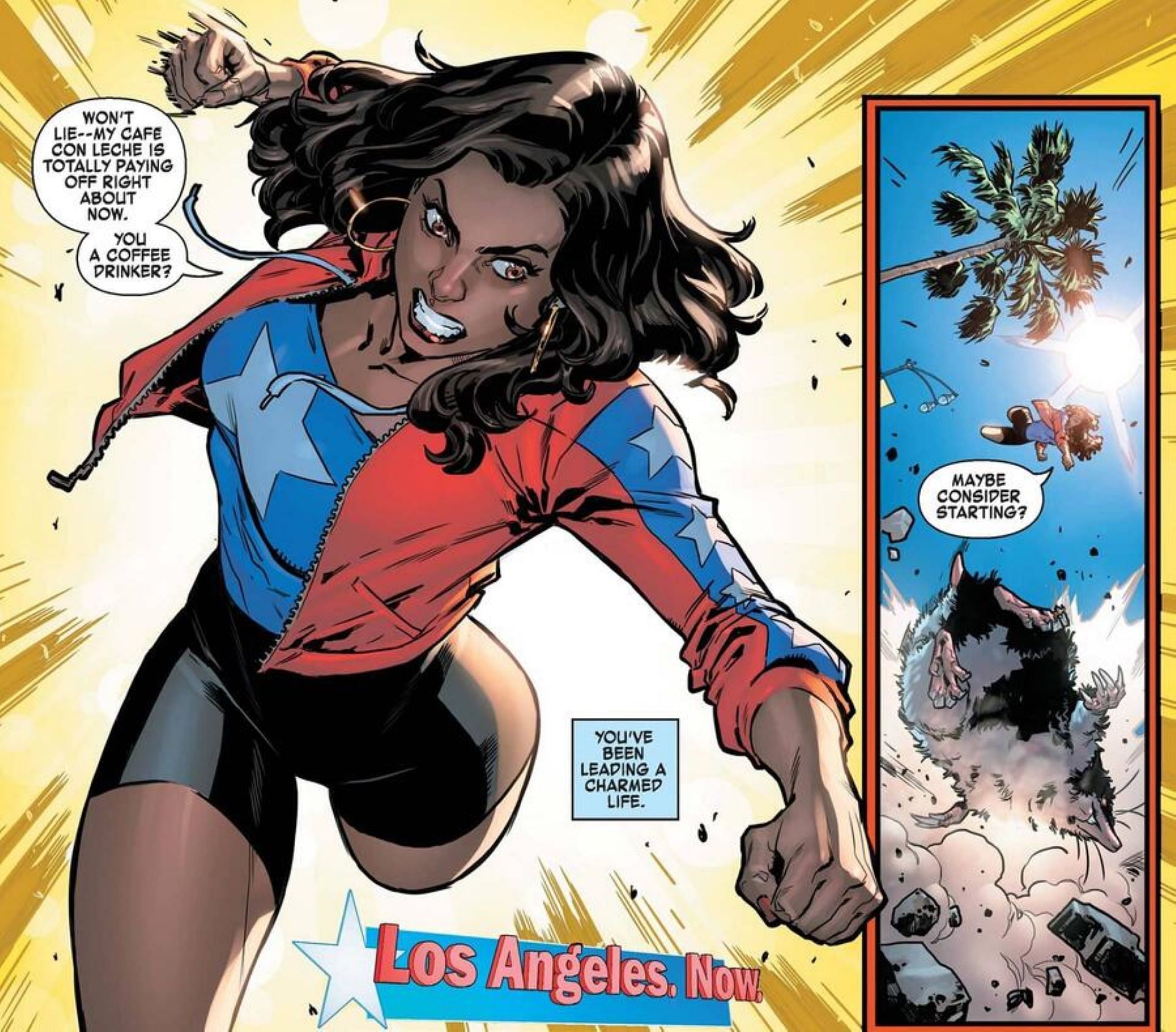 Whenever she chooses, America Chavez can call upon the power of creation to strengthen her physical capabilities and open dimensional portals (Image via Marvel Comics, MC)