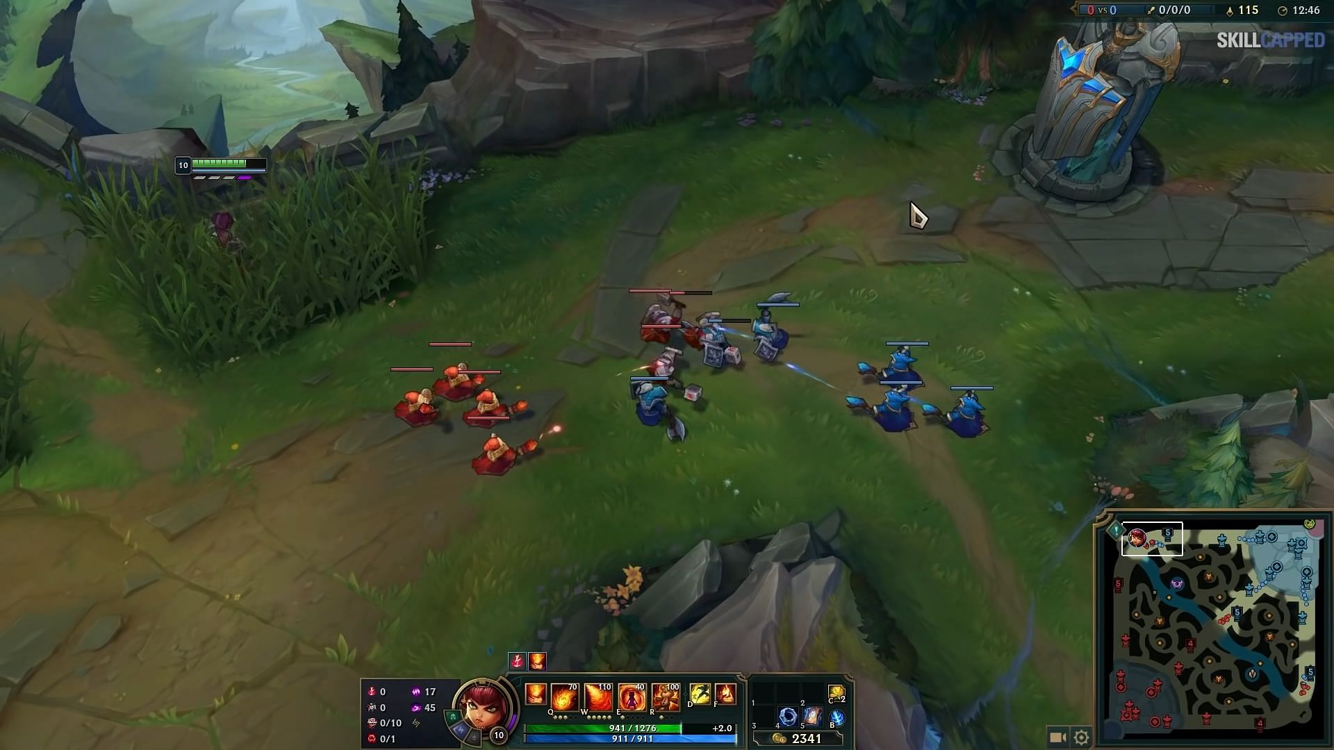 Bouncing occurs in League of Legends when the ally minion is being pushed back by the enemy tower in the presence of an enemy wave (Image via Skill Capped/Youtube)