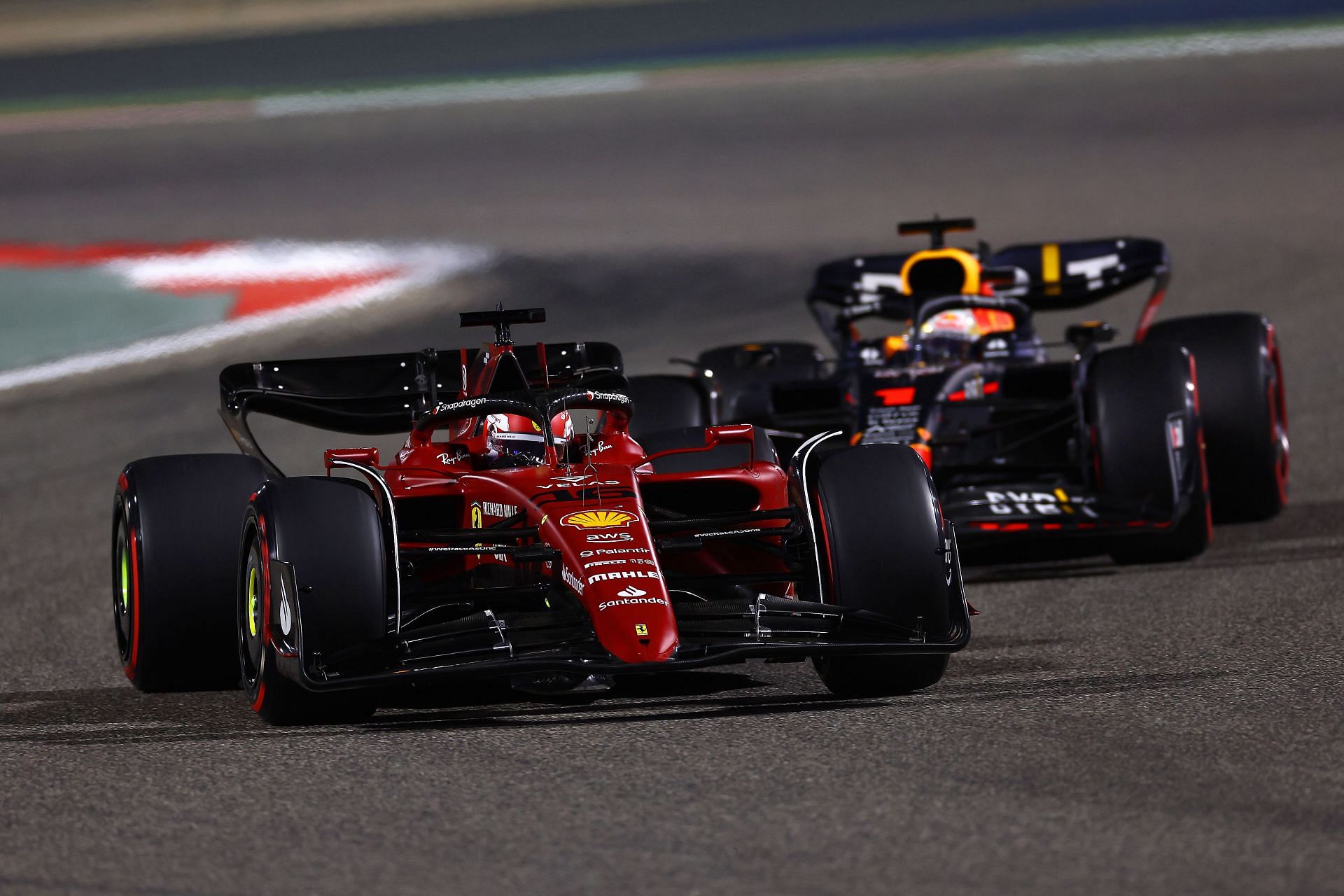 Charles Leclerc (#16) F1-75 leads Max Verstappen (#1) RB18, 2022 Bahrain Grand Prix