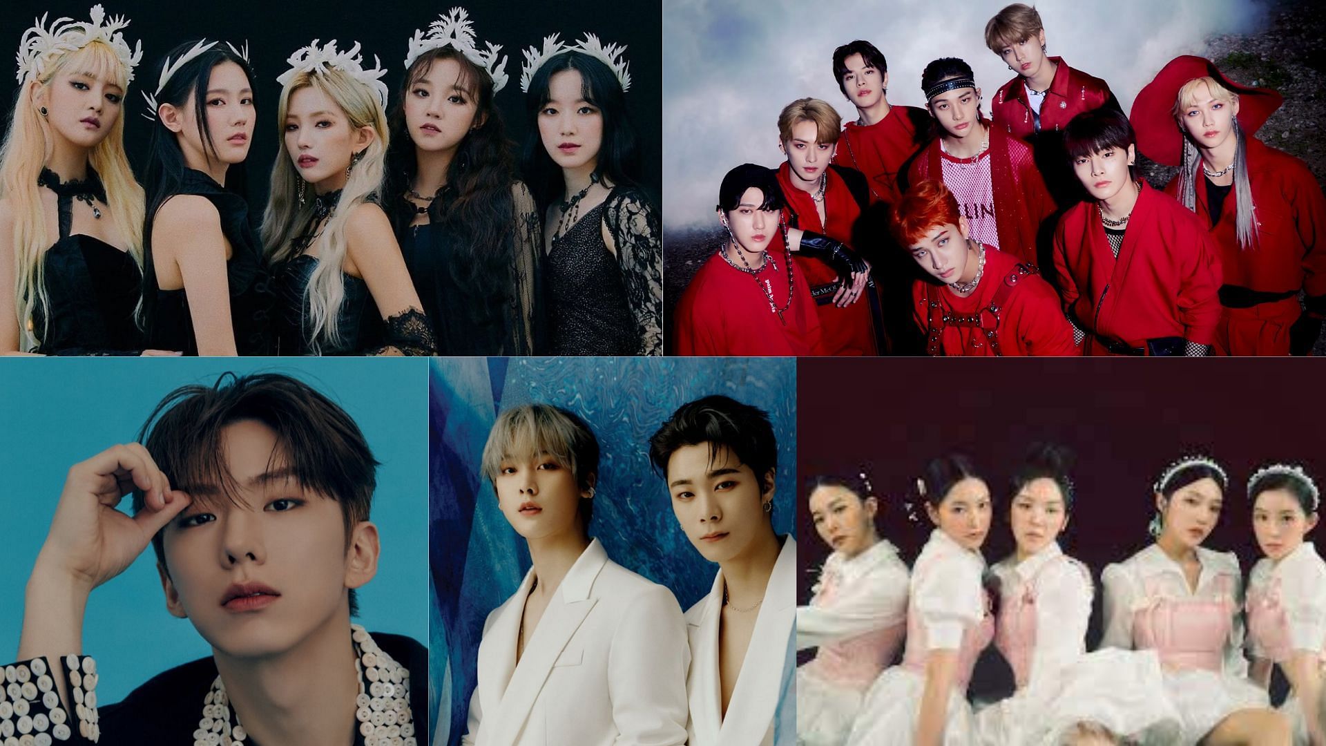 (G)I-DLE, Stray Kids, Kihyun, Moonbin and Sanha, Red Velvet (Image via @G_I_DLE/Twitter, @Stray_Kids/Twitter, @OfficialMonstaX/Twitter, @offclASTRO/Twitter, @RVsmtown/Twitter, and Canva)