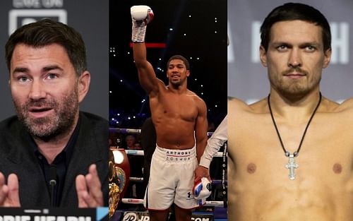 Eddie Hearn (left), Anthony Joshua (center), and Oleksandr Usyk (right)