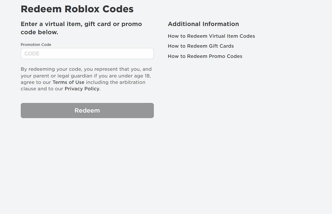 This website has been set up for the redemption of virtual items and promo codes (Image via Roblox)