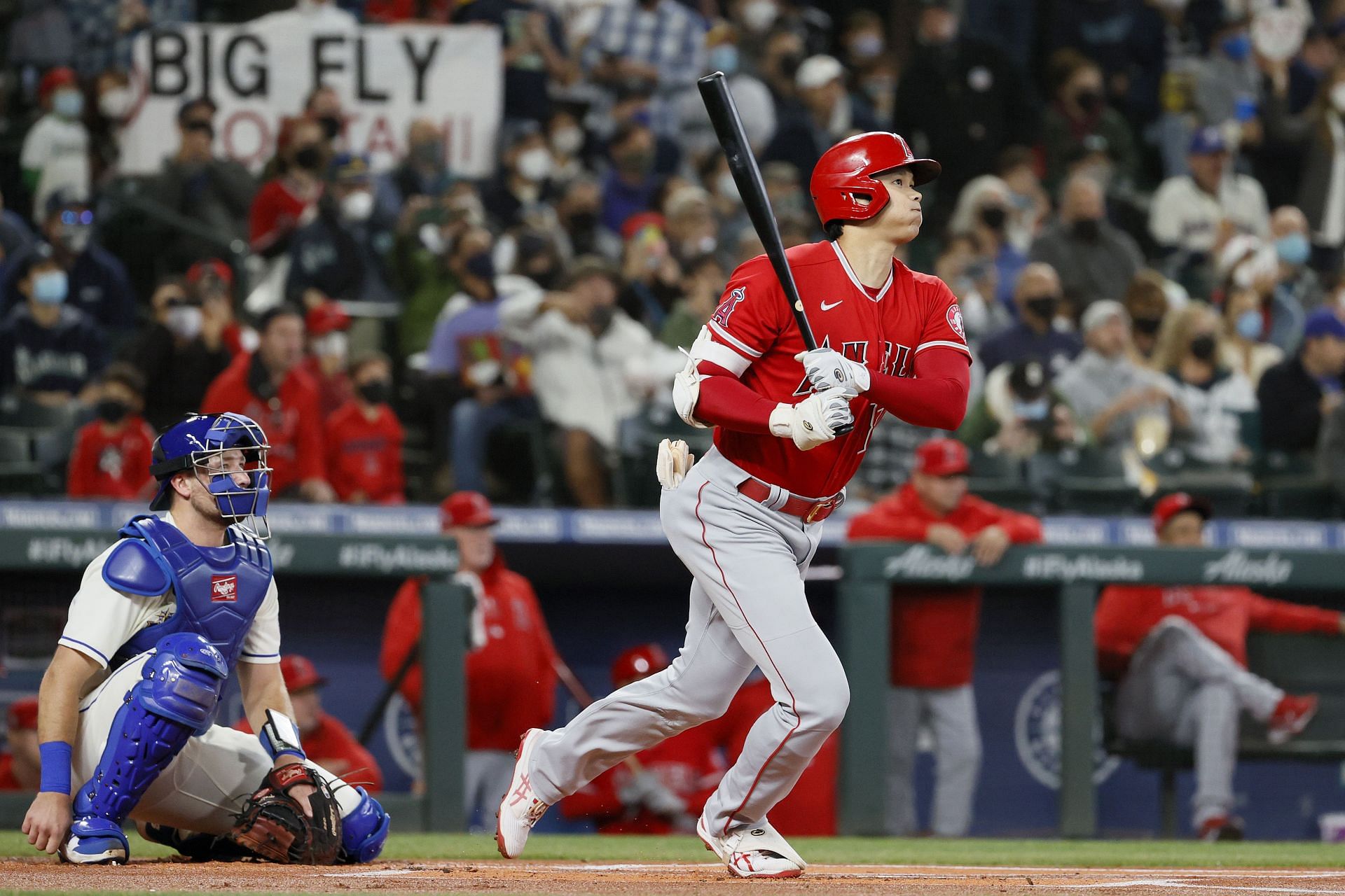 Shohei Ohtani batting in a Los Angeles Angels v Seattle Mariners game
