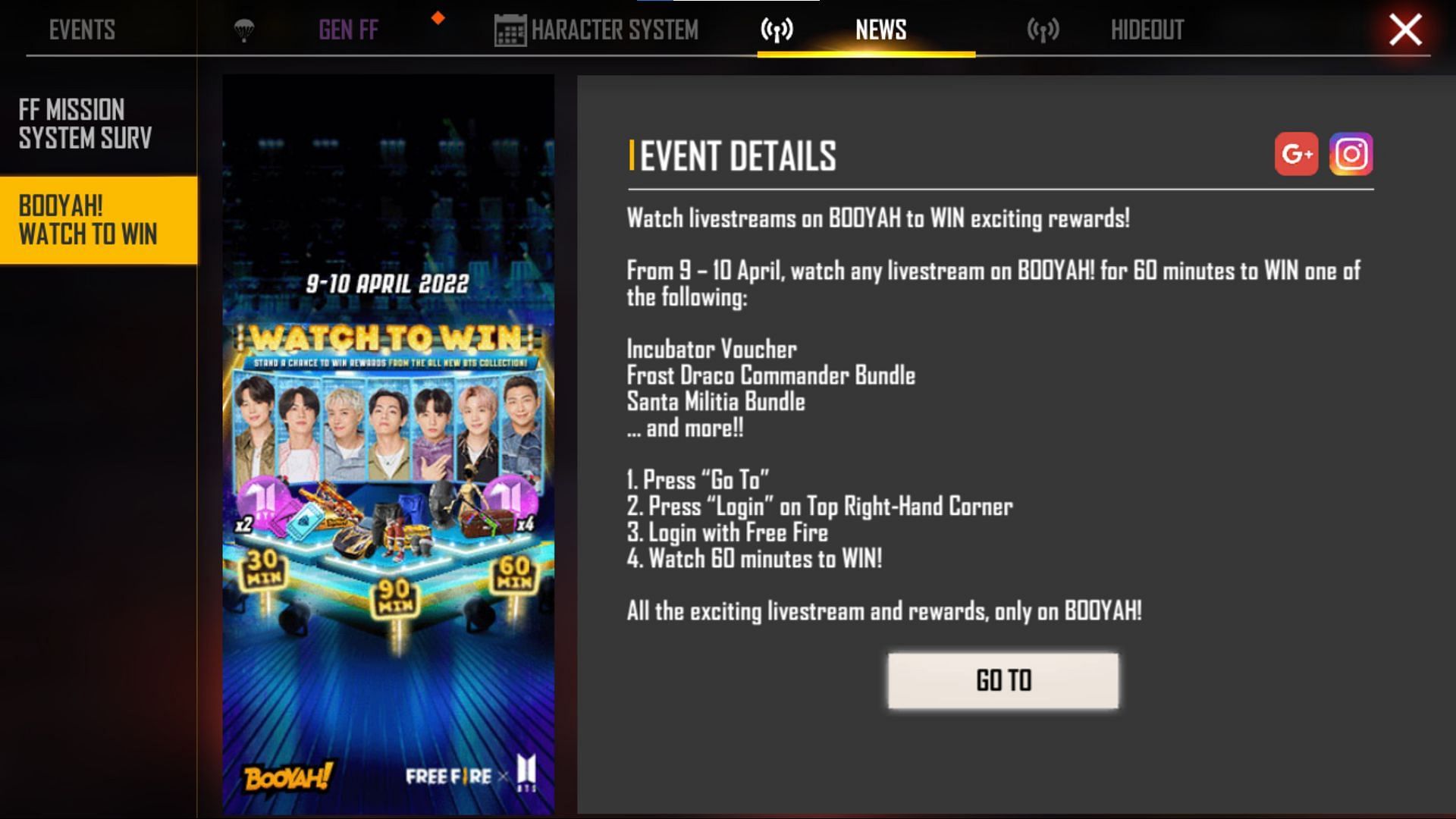 Watch to win event is live (Image via Garena)