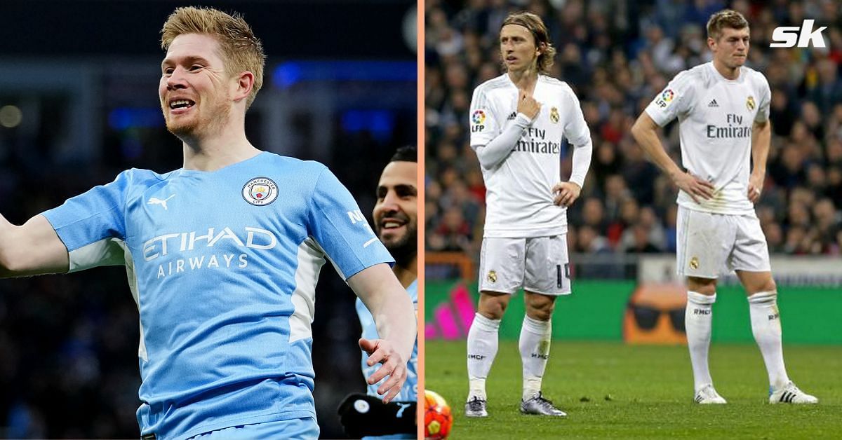 Manchester City&#039;s Kevin De Bruyne and Real Madrid&#039;s Luka Modric and Toni Kroos