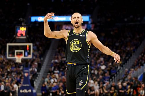 Steph Curry in action during Denver Nuggets v Golden State Warriors - Game One