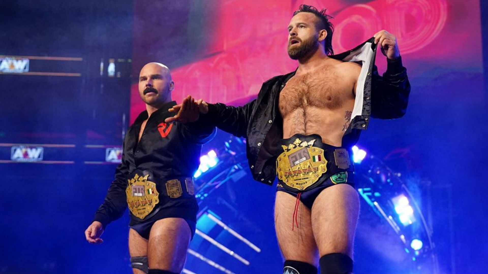 FTR making their entrance at an AEW Dark: Elevation event in 2021