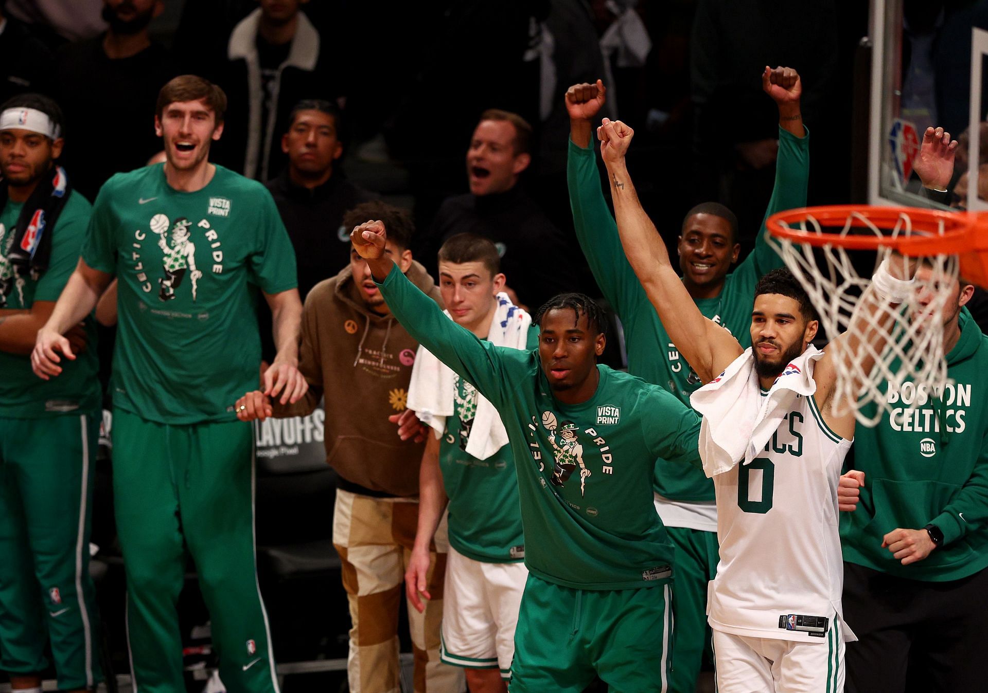 Boston Celtics v Brooklyn Nets - Game Four; Celtics celebrating in final minute of sweep