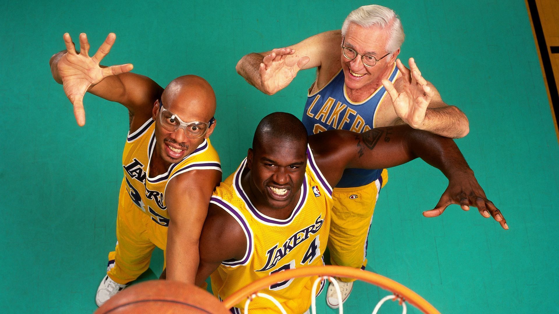Kareem Abdul-Jabbar, Shaquille O&#039;Neal and George Mikan (left to right)
