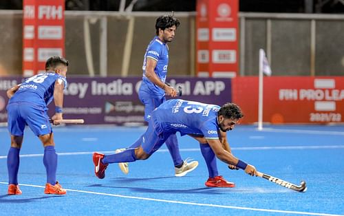 India's Harmanpreet Singh scores a goal against Germany in their FIH Pro League match. (PC: HI)