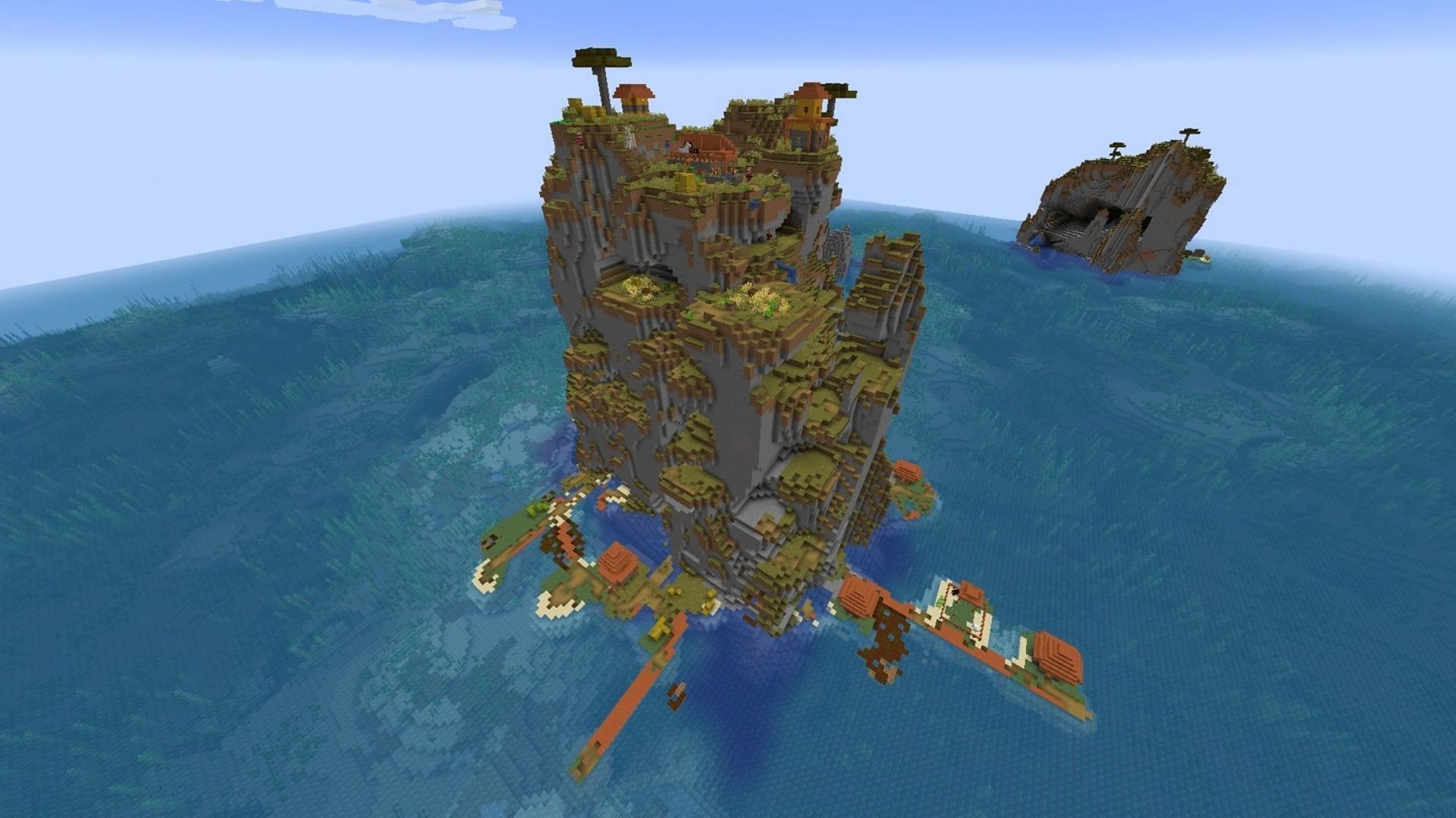 This towering island spawn makes for intense combat (Image via Mojang)