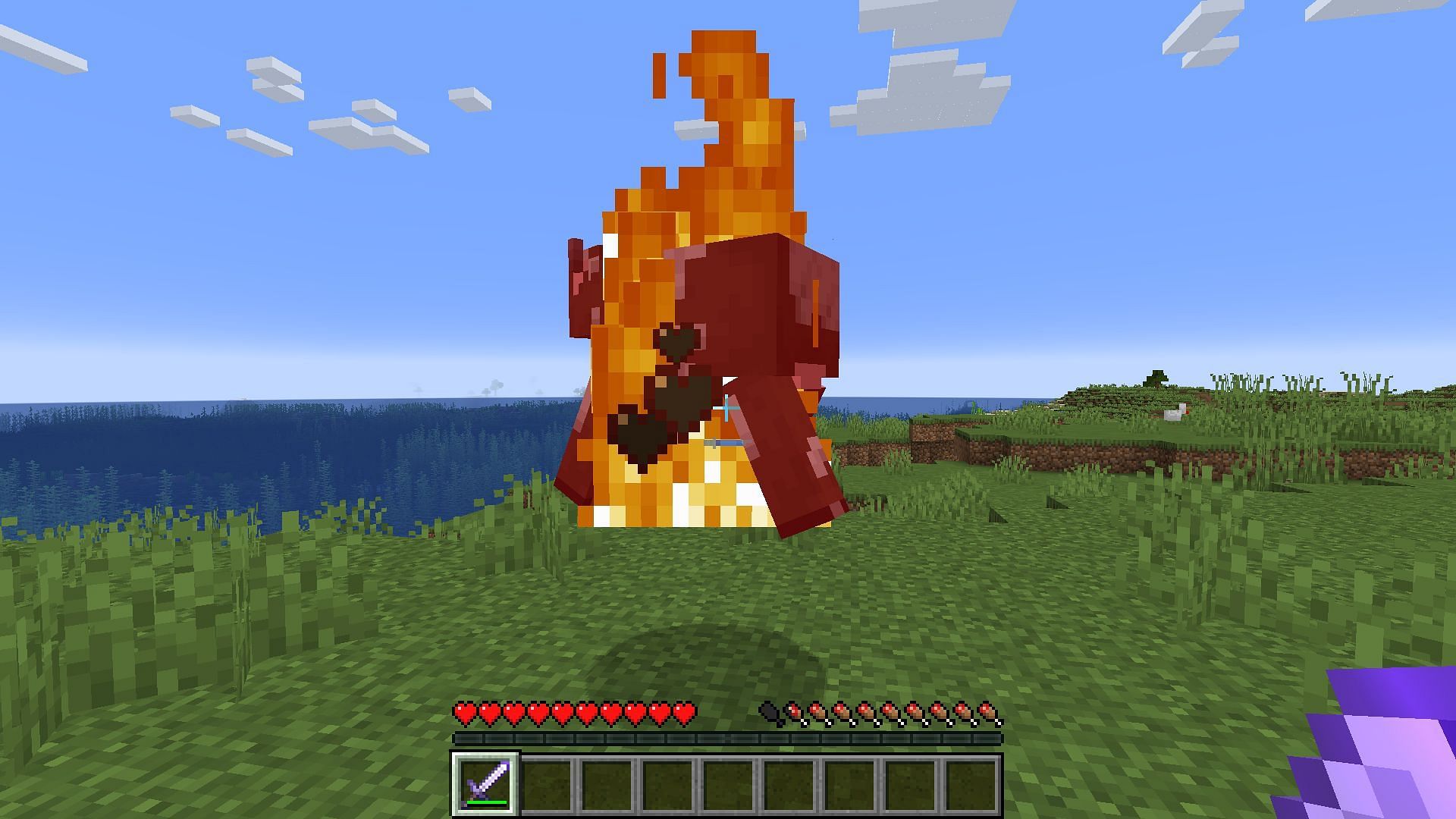 A cow set on fire by the fire aspect enchantment (Image via Minecraft)