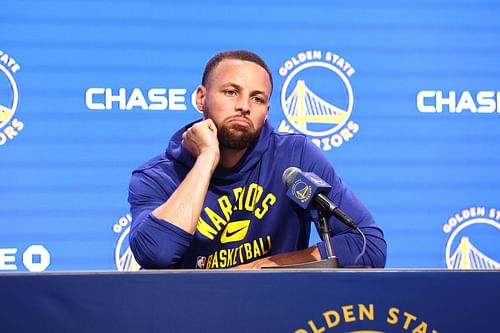 Steph Curry #30 of the Golden State Warriors speaks to the media during a press conference prior to the start of the game against the San Antonio Spurs at Chase Center on March 20, 2022 in San Francisco, California.