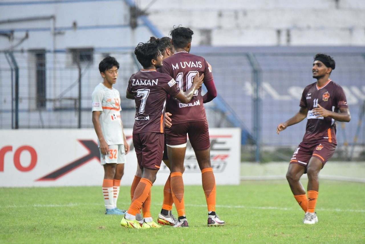 Gokulam Kerala FC players celebrating their goal against Indian Arrows. (Image Courtesy: Twitter/ILeagueOfficial)