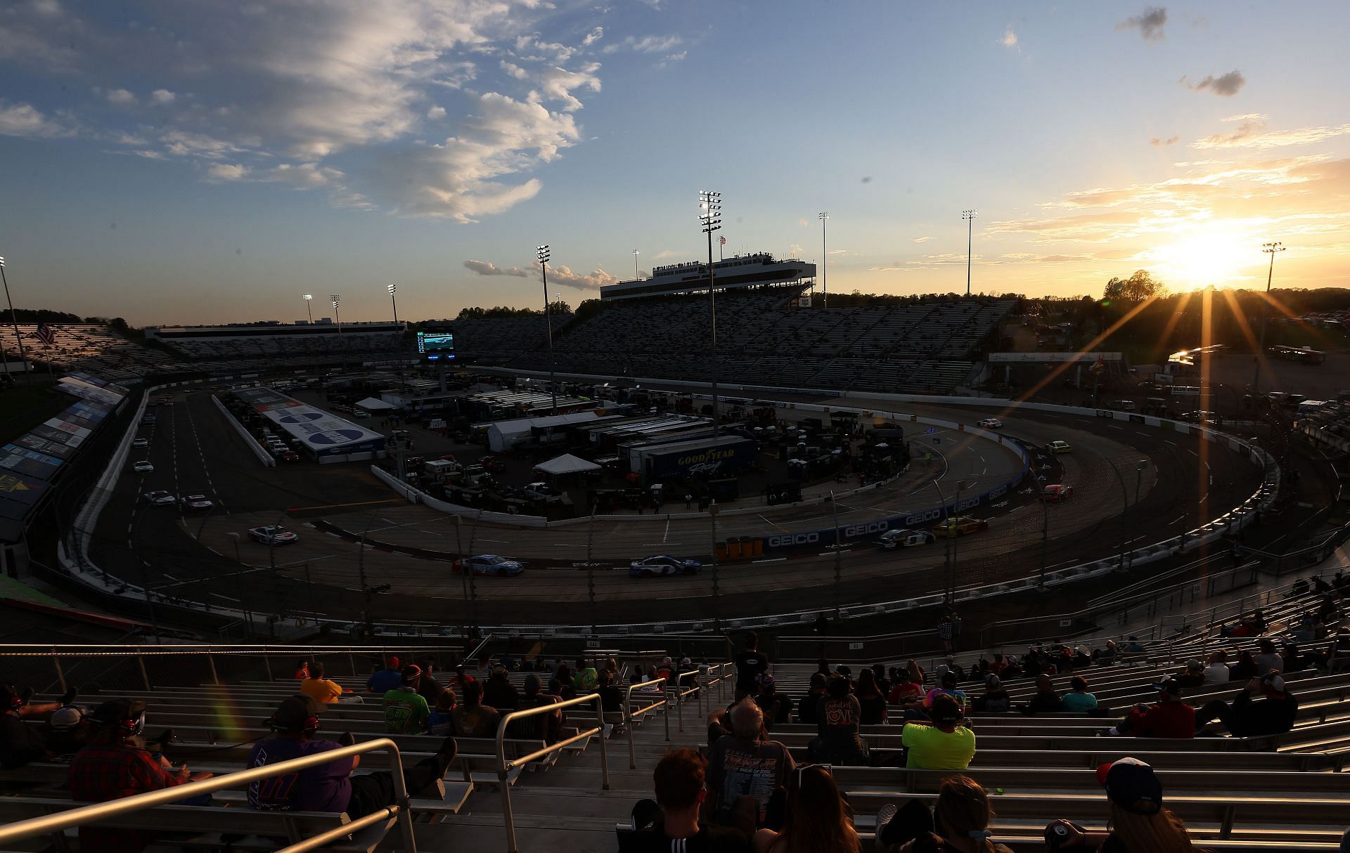 A general view of the race from the grandstands as the sun sets during the NASCAR Cup Series Blue-Emu Maximum Pain Relief 500 at Martinsville Speedway (Photo by James Gilbert/Getty Images)