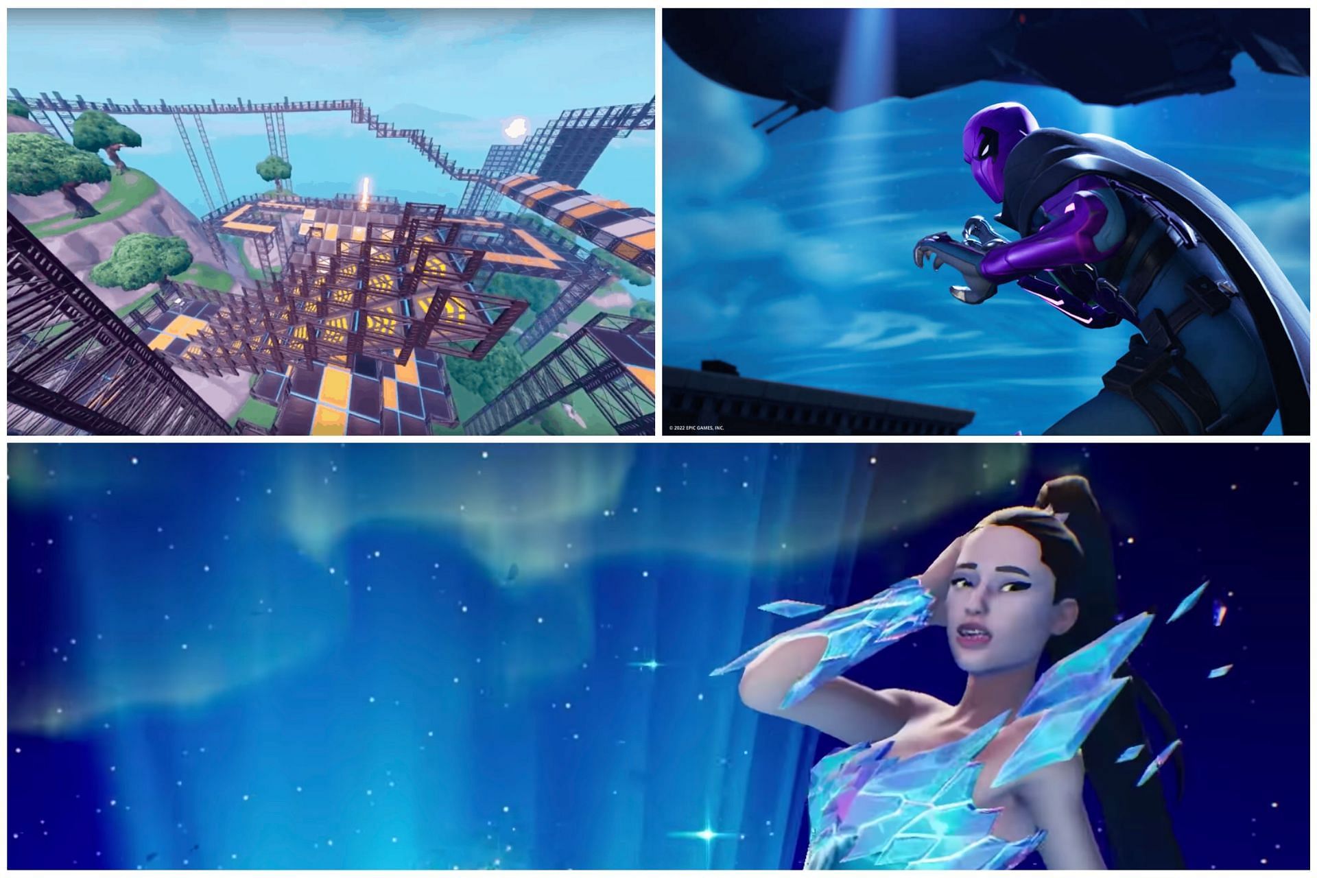 Creative mode, Prowler skin, and Ariana Grande concert in Fortnite (Image via Sportskeeda)