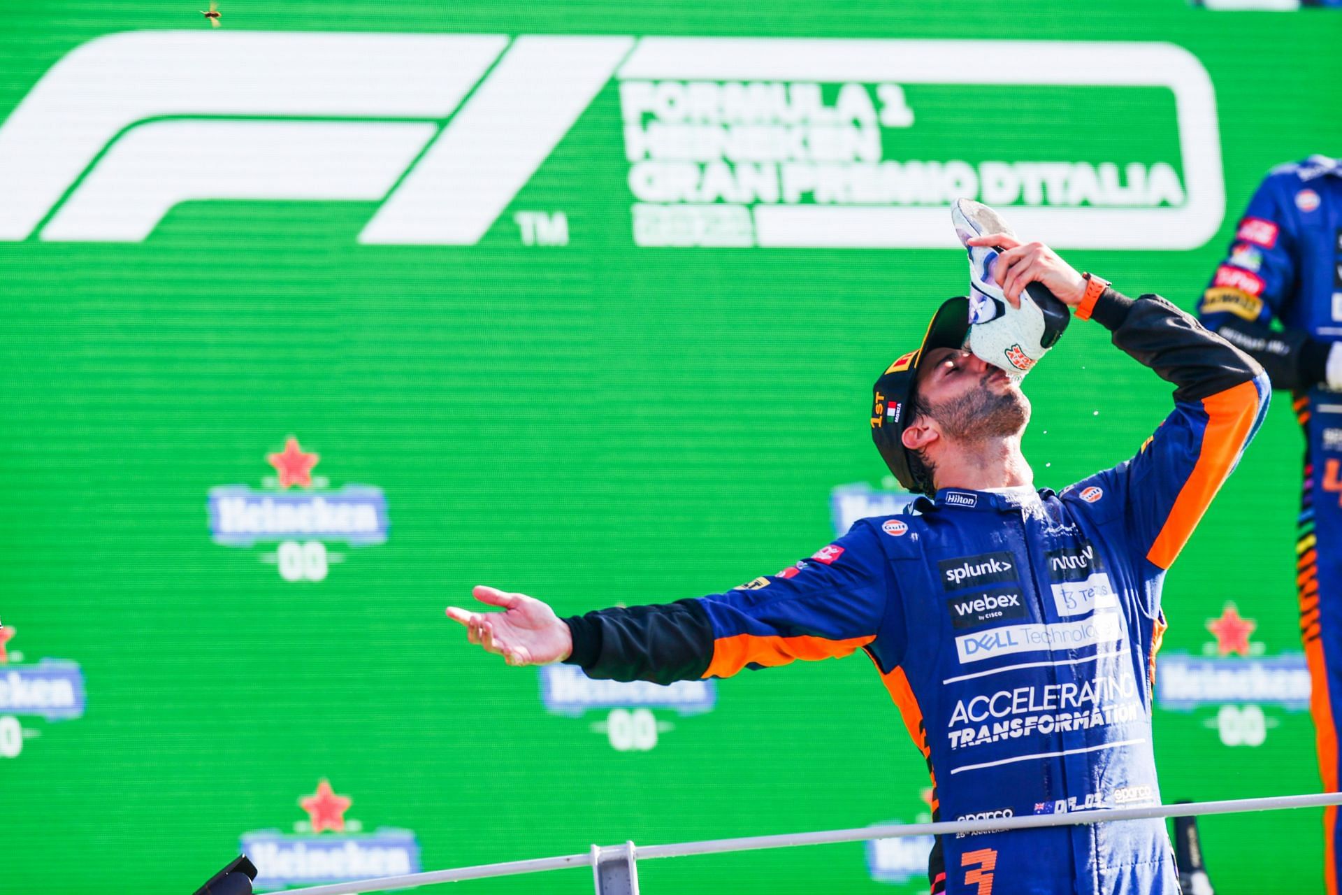 F1 Grand Prix of Italy - Daniel Ricciardo celebrates with his iconic Shoey.