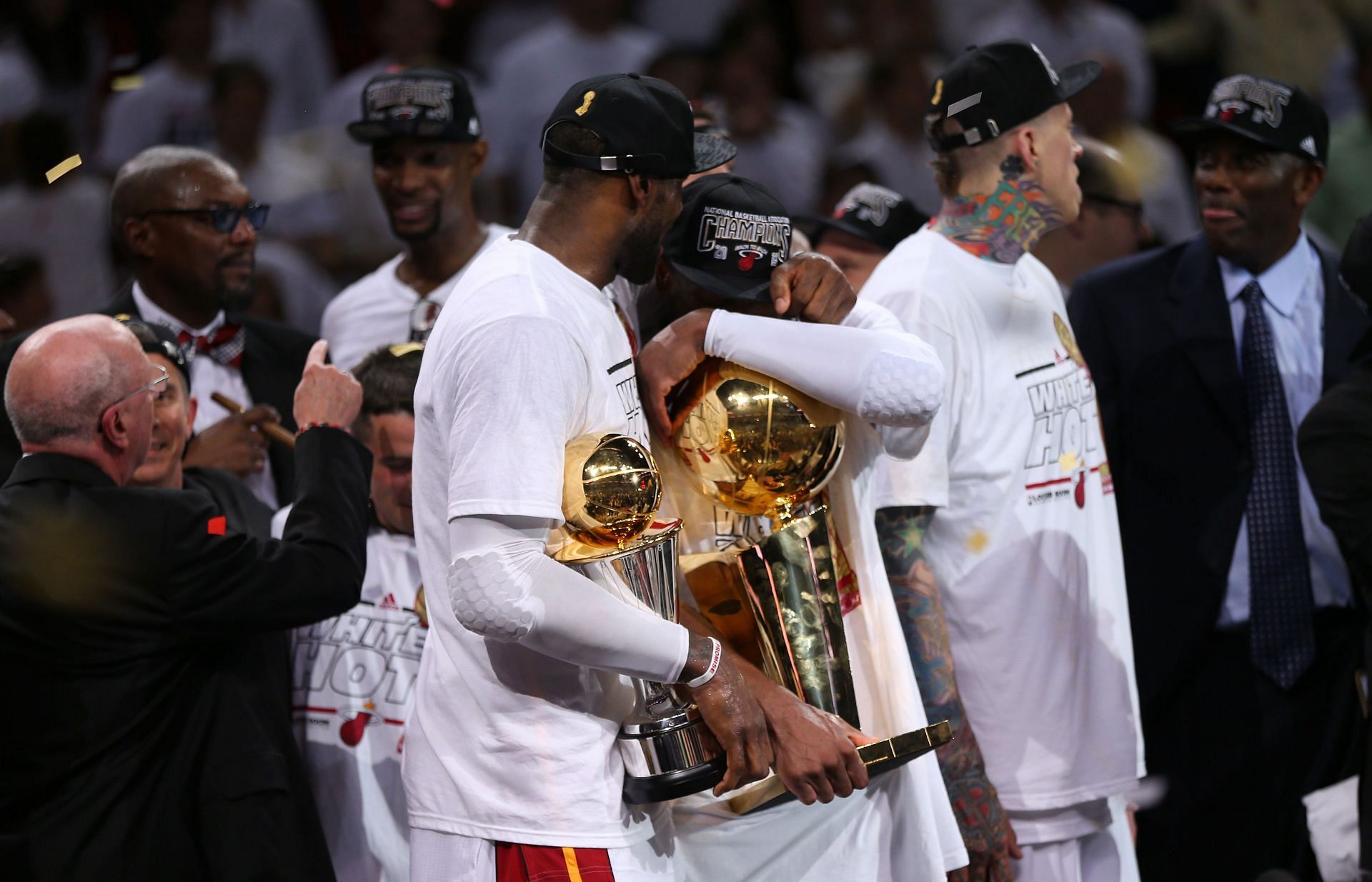 LeBron James #6 and Dwyane Wade #3 of the Miami Heat celebrate after defeating the San Antonio Spurs 95-88 to win Game Seven of the 2013 NBA Finals
