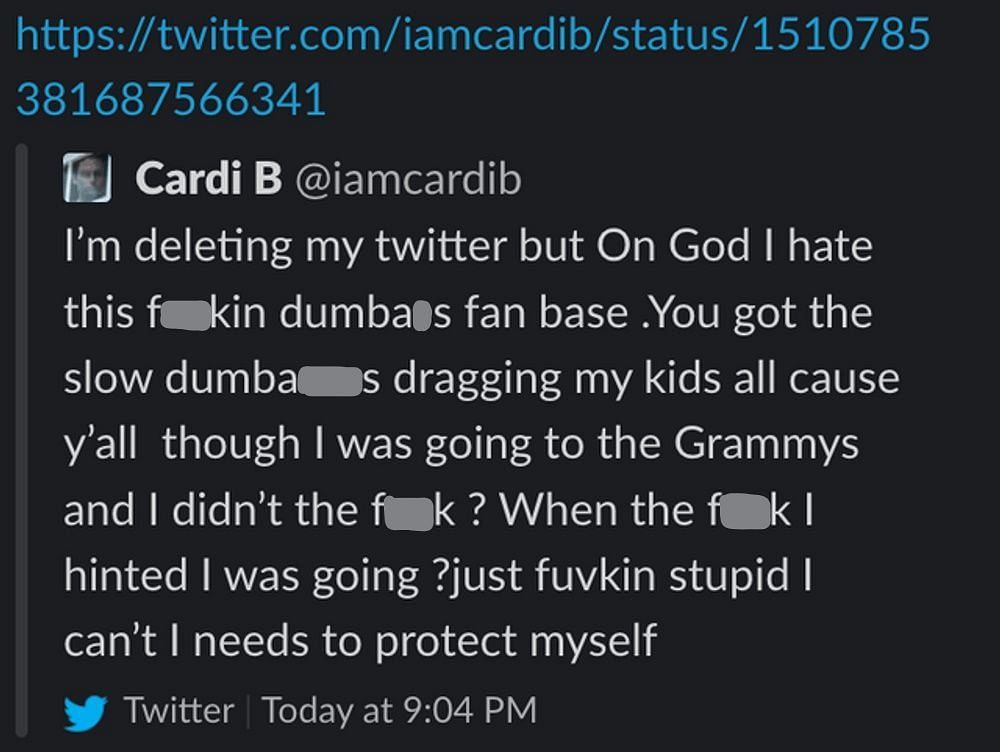 Cardi B&#039;s last tweet (Image via Twitter/iamcardib)