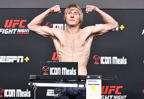 Paddy Pimblett on the scales at UFC Fight Night: Brunson vs. Till Weigh-in [Image courtesy of Getty]