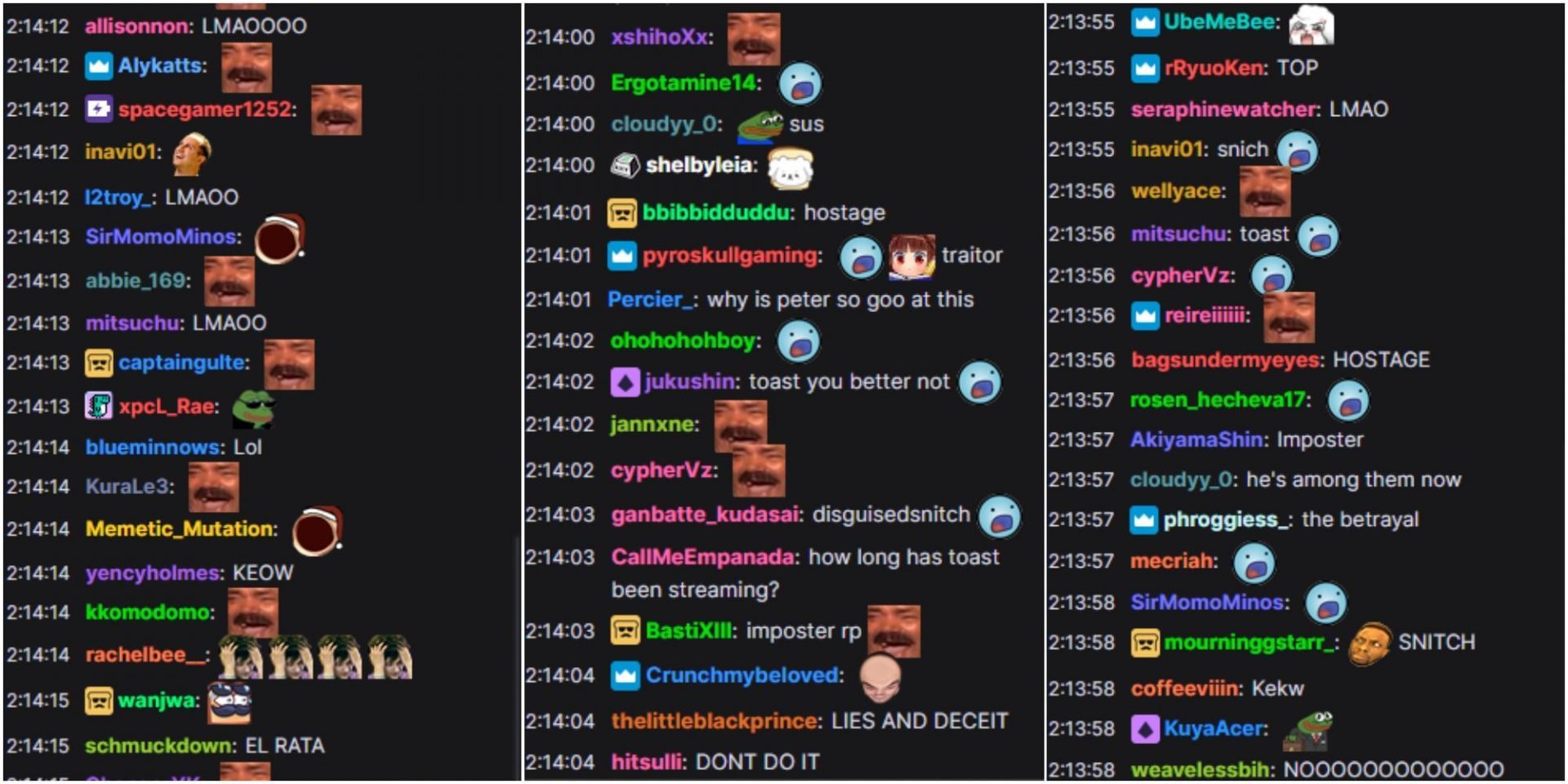 Though most of chat loved the sneakiness of Toast, others called him out as a snitch for revealing where Sykkuno was (Image via Twitch)