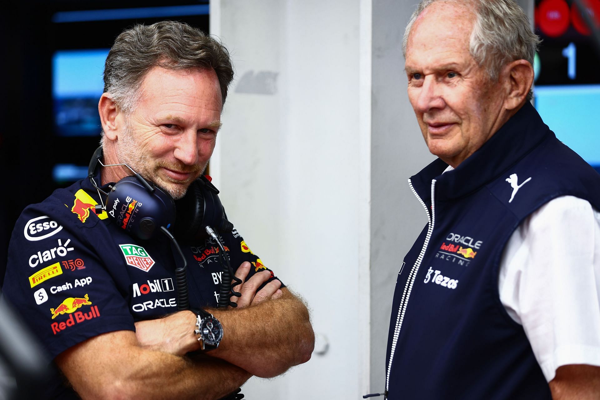 Red Bull&#039;s Christian Horner (left) with Helmut Marko during the F1 Grand Prix of Saudi Arabia - Practice