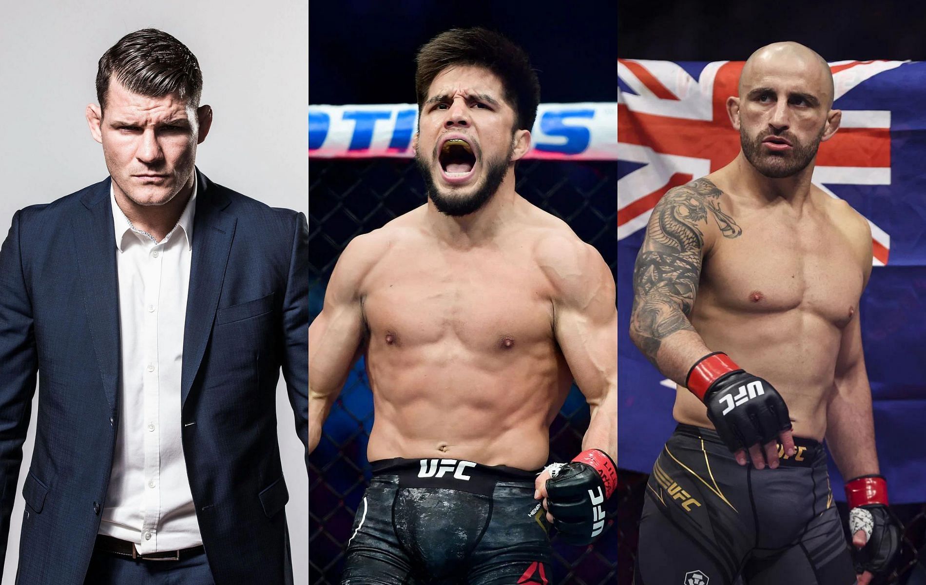 Michael Bisping (left), Henry Cejudo (center) &amp; Alexander Volkanovski (right)