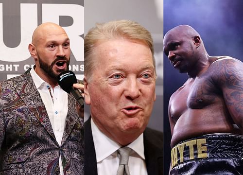 Tyson Fury (left), Frank Warren (center), Dillian Whyte (right)