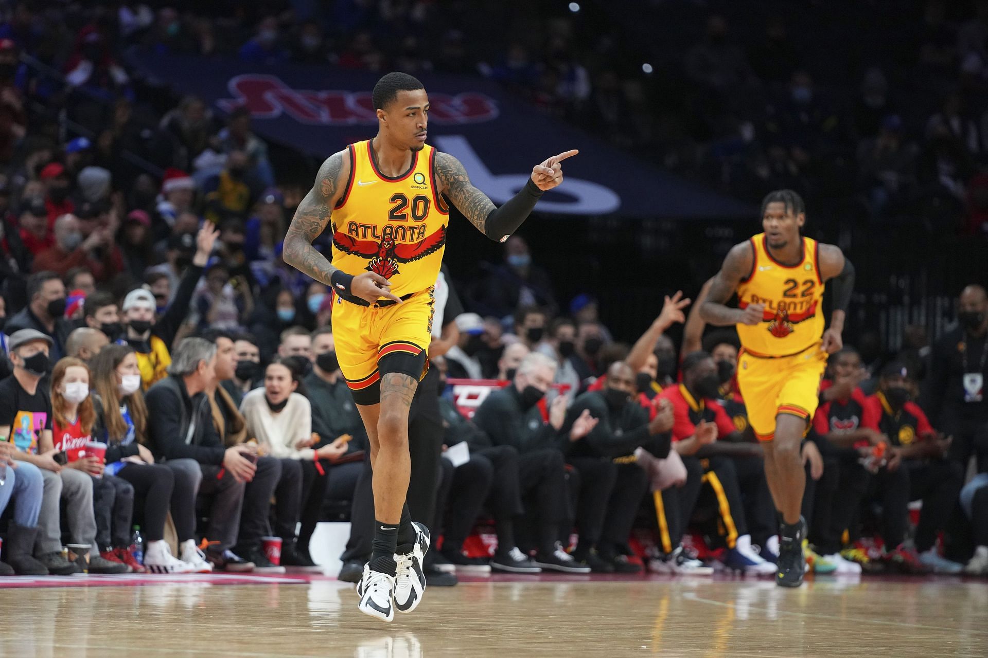 John Collins No. 20 of the Atlanta Hawks reacts against the Philadelphia 76ers in the first half at the Wells Fargo Center.