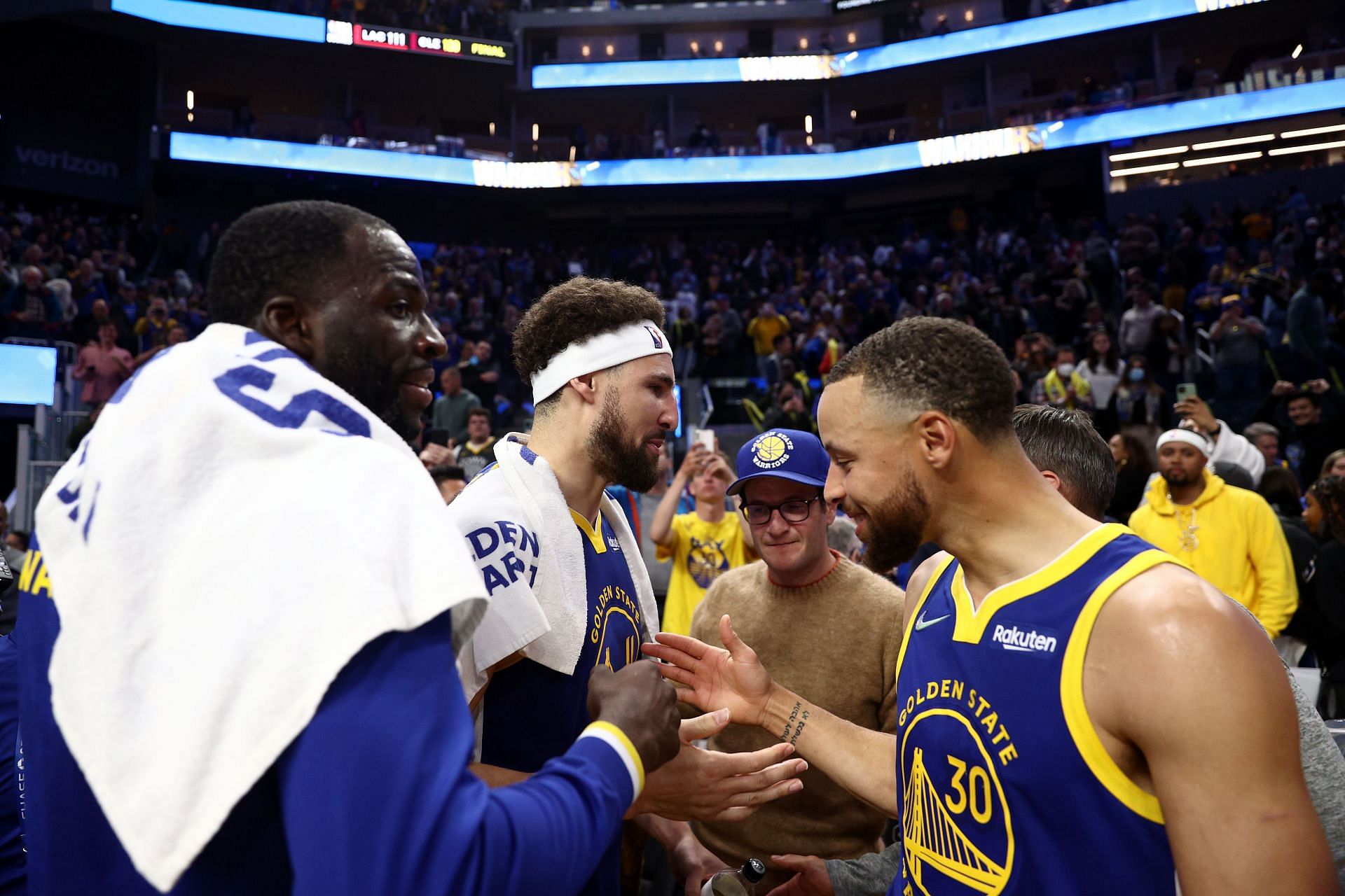 (R-L) Steph Curry (30), Klay Thompson and Draymond Green of the Golden State Warriors