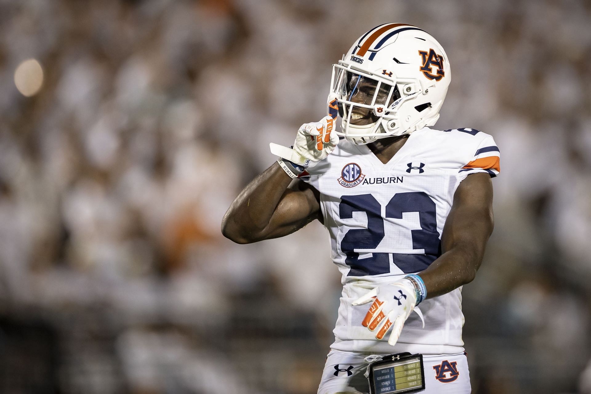 Roger McCreary #23 of the Auburn Tigers celebrates after intercepting a pass against the Penn State Nittany Lions during the first half at Beaver Stadium on September 18, 2021 in State College, Pennsylvania.