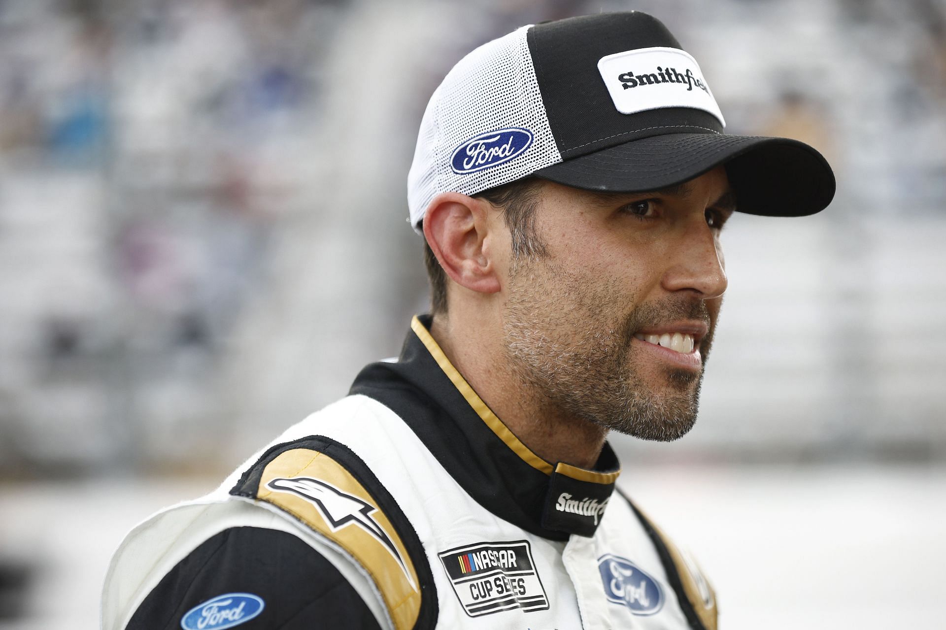 Aric Almirola looks on during qualifying for the NASCAR Cup Series Blue-Emu Maximum Pain Relief 400 at Martinsville Speedway. (Photo by Jared C. Tilton/Getty Images)