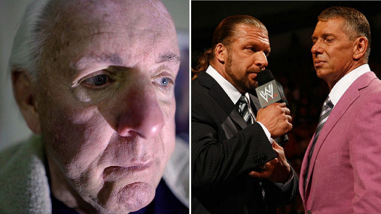Ric Flair (left), Triple H, and Vince McMahon (right)