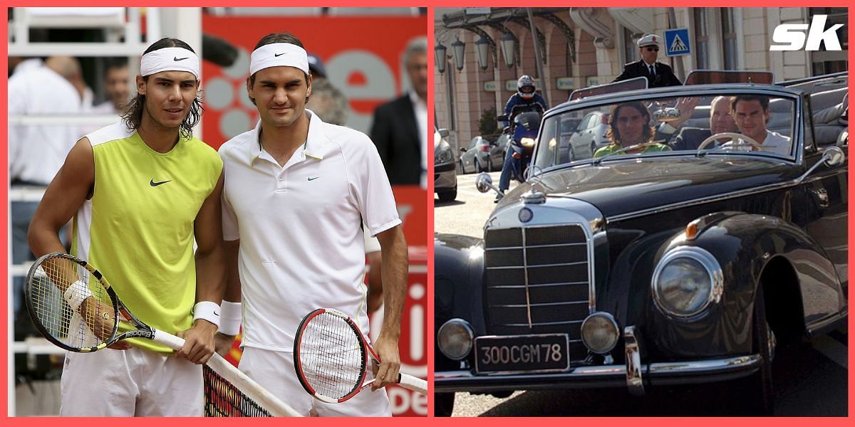 Roger Federer and Rafael Nadal in the Monte Carlo final (L) and going on a drive in Monte-Carlo (R)