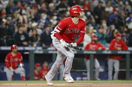 Shohei Ohtani makes contact with a pitch during a Los Angeles Angels v Seattle Mariners game