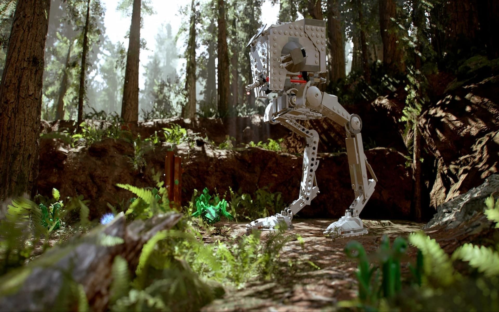 An AT-ST patrols the forest moon of Endor in Lego Star Wars: The Skywalker Saga (Image via TT Games)
