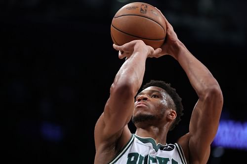 Giannis Antetokounmpo attempts a free throw