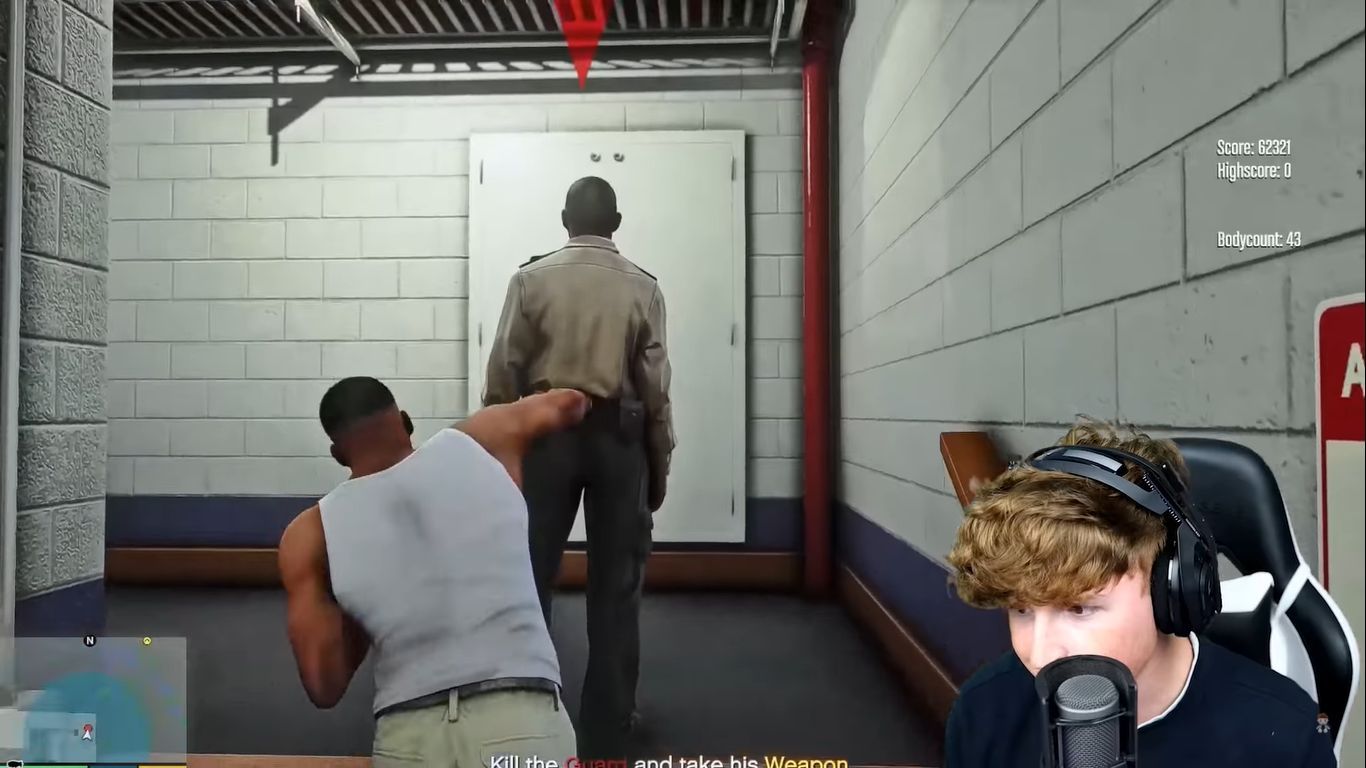 Take out the GTA 5 prison guard to get by (Image via YouTube @Caylus)